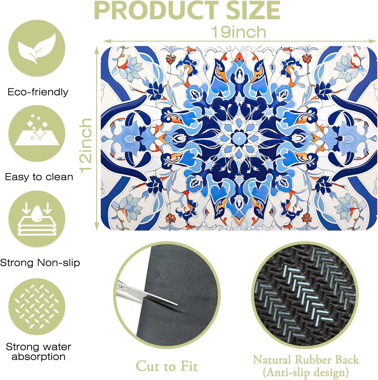 Dish Drying Mat Mandala Blue Floral Kitchen Mat 12"x19" Bsorbent Coffee Maker Mat for Dishes,Utensils Coffee Maker Pots and Pans Easy Clean Dish Slip Resistant Pad