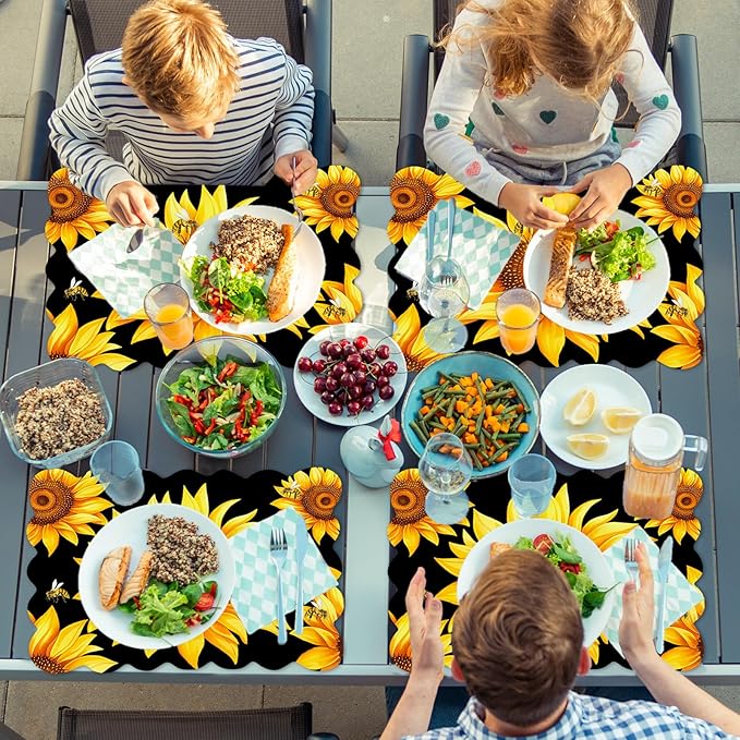 Sunflower Placemats Set of 6 Summer Plastic Table Mats Summer Floral Place Mats Washable Vinyl Seasonal Spring Sunflower Table Decoration for Indoor Outdoor Party Kitchen Dining