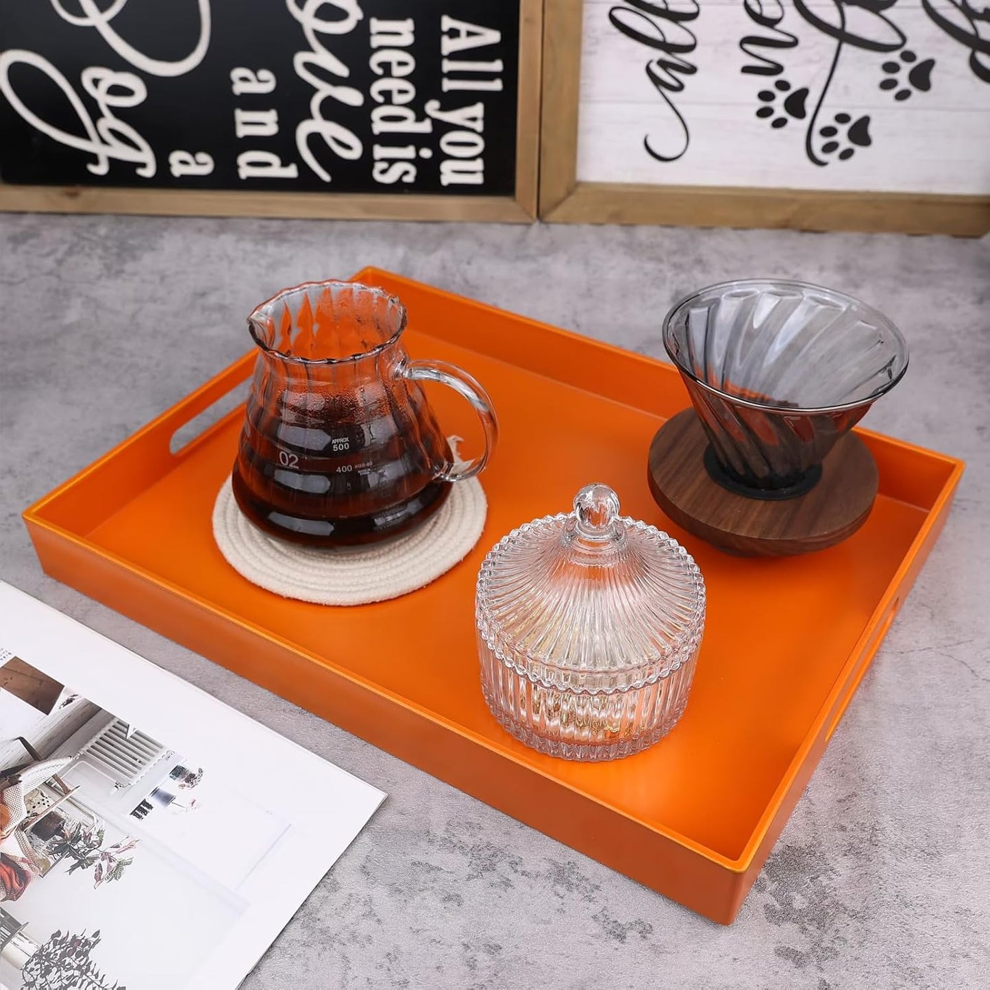 Ornage Serving Tray for Coffee Table, Rectangular Plastic Decorative Tray with Handles for Entertaining, Outdoor Patio, Living Room, Ottoman, Bathroom Counter, 11.8”*15.7”*1.6”