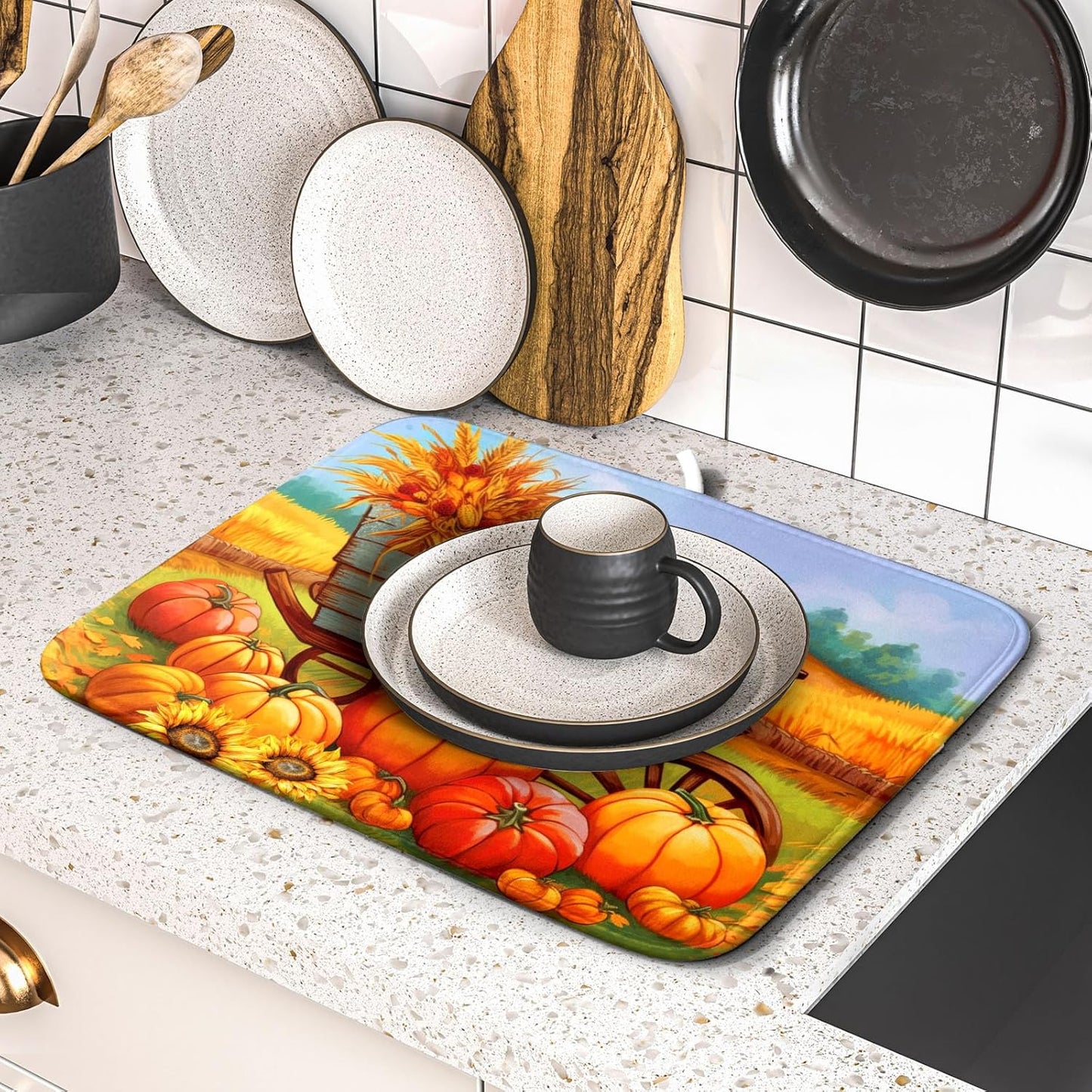 Thanksgiving Autumn Harvest Pumpkin Dish Drying Mat for Kitchen Counter,Sunflowers and Cart Drying Mat 16 x 18 Inch Microfiber Dish Drying Pad Ear of Rice Dish Rack Drainer Mat for Coffee Bar