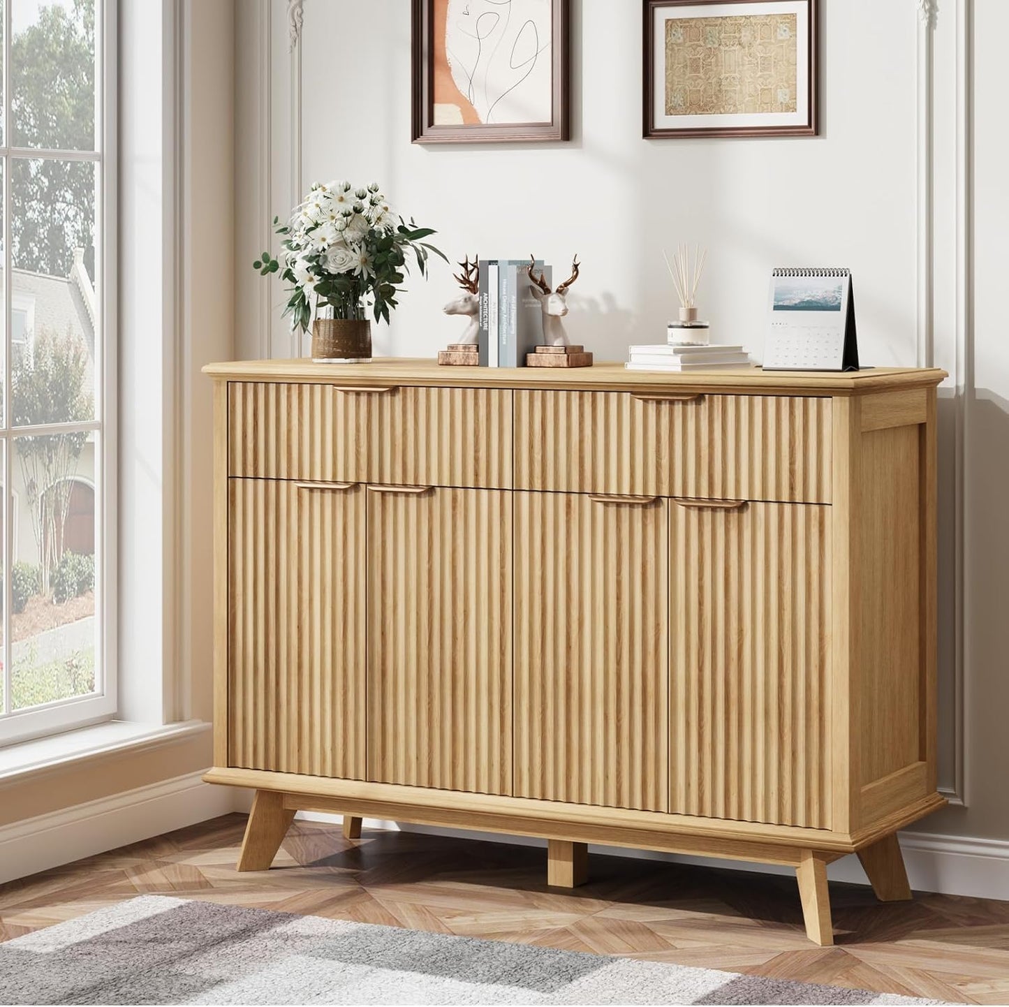 QUW Fluted Buffet Sideboard Cabinet with Storage, 47.2" Kitchen Cabinet with Drawers and Adjustable Shelves, Modern Coffee Bar with Charging Station, for Dining Room, Living Room, Natural Oak