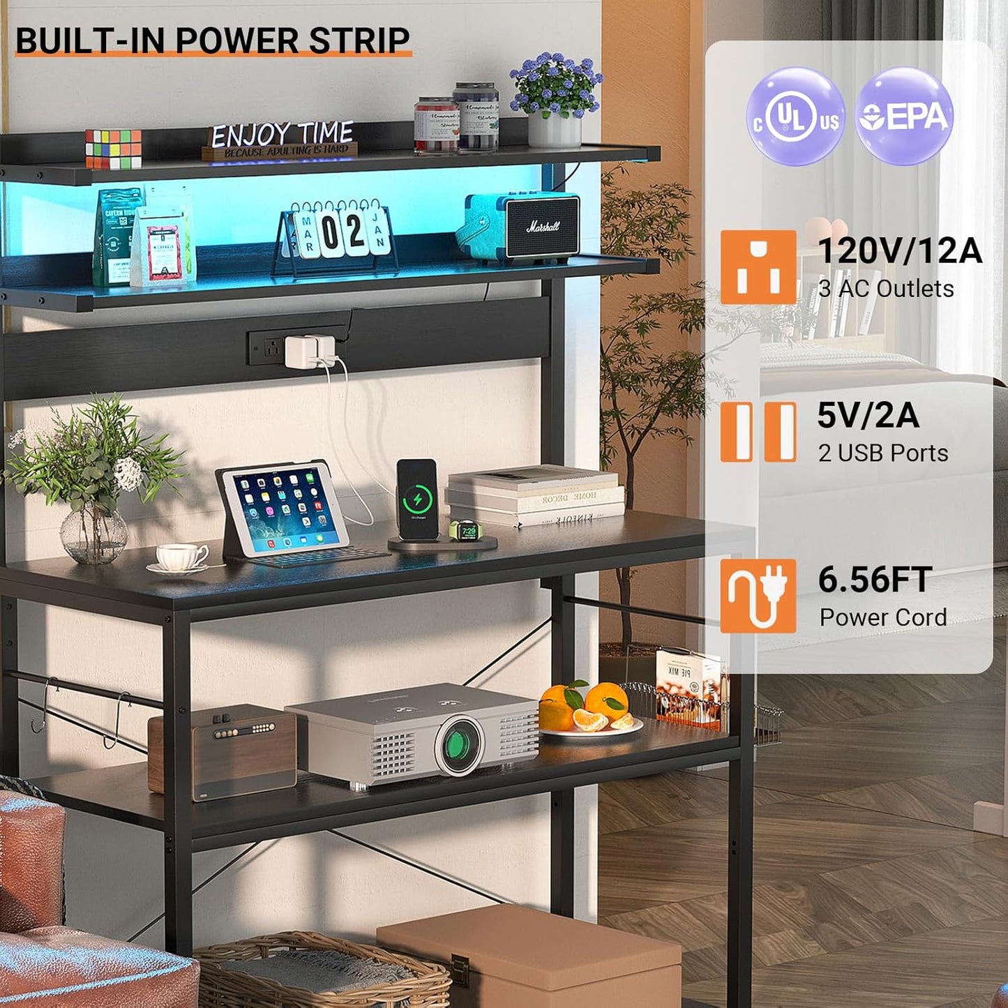 Aheaplus Bakers Rack with Power Outlet, Microwave Stand, 5 Tiers Coffee Bar Station with Led Lights, Kitchen Storage Shelf with 6 S-Shaped Hooks, Kitchen Rack Coffee Bar Stand, Black