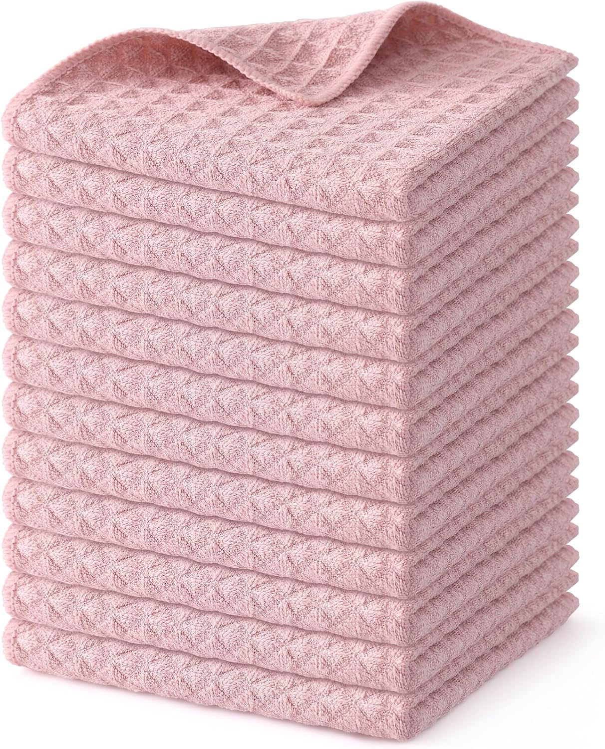 Homaxy Microfiber Waffle Weave Kitchen Dish Cloths, 12 x 12 Inch Ultra Absorbent and Solid Color Dish Towels for Kitchen Fast Drying Dishcloth for Washing Dishes, 12 Pack, Pink
