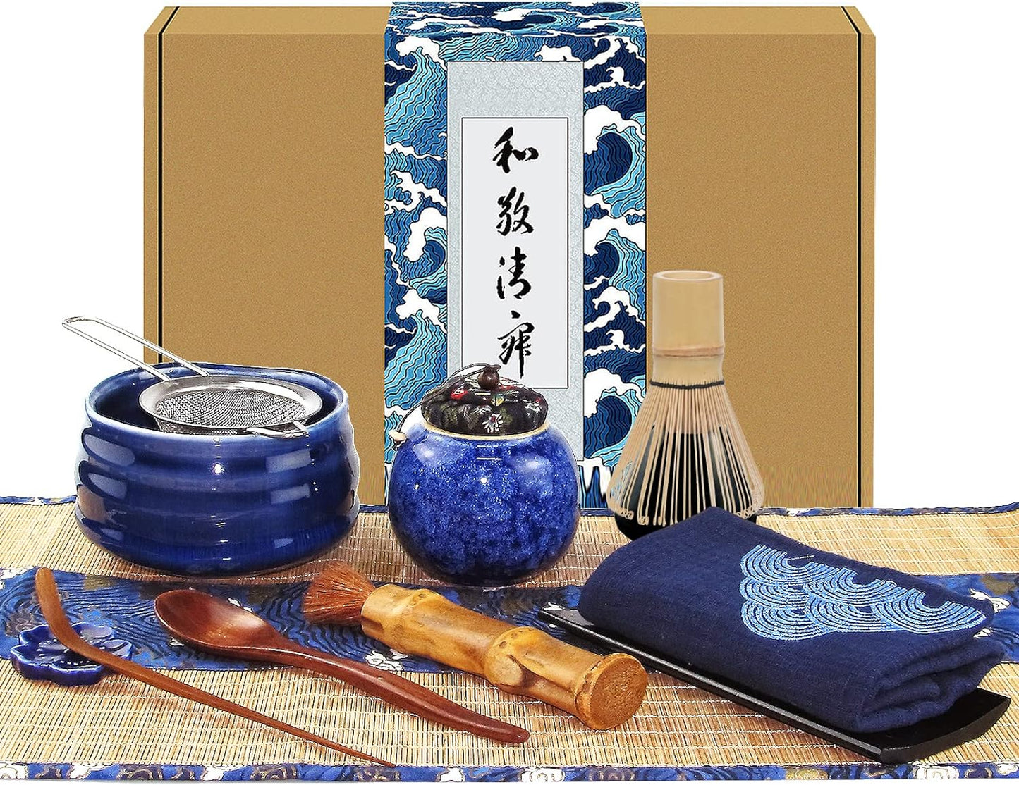 Artcome 12Pcs Japanese Matcha Tea Set - Bowl, Bamboo Whisk, Holder, Brush and Screen - Handmade Ceremony Kit for Traditional Tea Ceremony