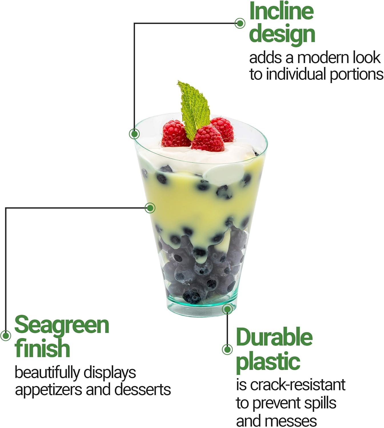 Restaurantware 7 Ounce Plastic Glasses 100 Round Incline Shooter Cups- Disposable Small Seagreen Plastic Round Bowls Unique Design For Soups Appetizers Or Desserts
