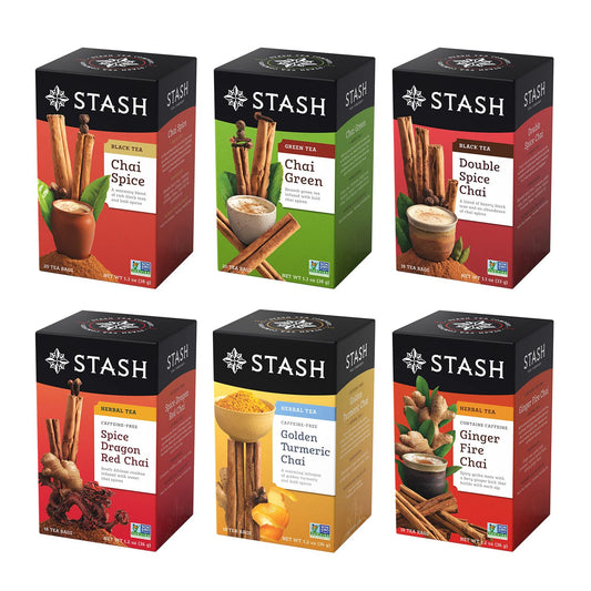 Stash Tea Chai Tea Variety Pack Sampler Assortment - Caffeinated, Non-GMO Project Verified Premium Tea with No Artificial Ingredients, 18-20 Count (Pack of 6)