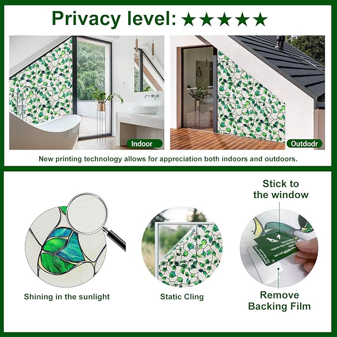 Window Privacy Film Stained Glass Decorative Static Clings Frosted Window Tint for Home Room Decor Bathroom Door Car Stickers with Glittering Effect, Removable(Blue & Green pothos Botanical)