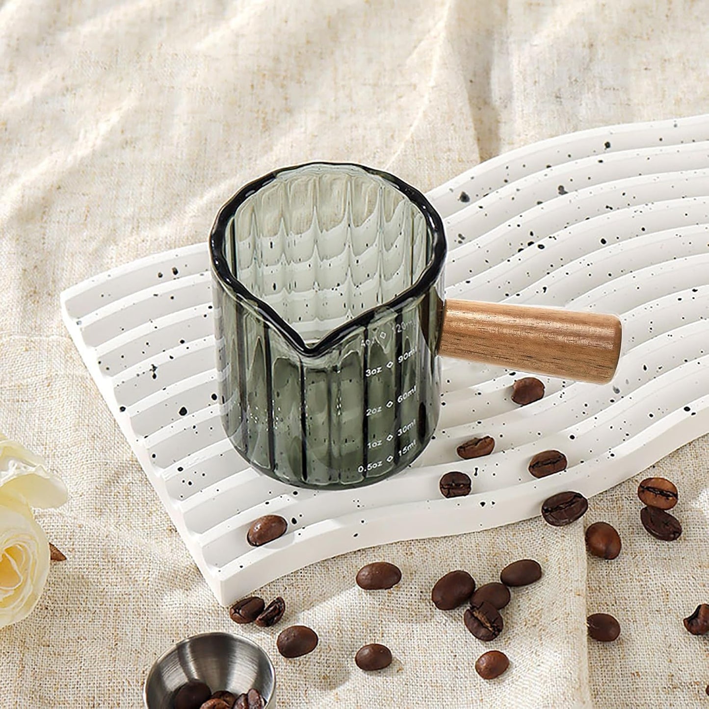 Espresso Cups Set of 2, 4 OZ Espresso Shot Glass with Handle V-Shaped Mouth, Ribbed Milk Frothing Pitcher, Glass Measuring Cup,Cappuccino Cup, Coffee Bar Accessories (Gray)