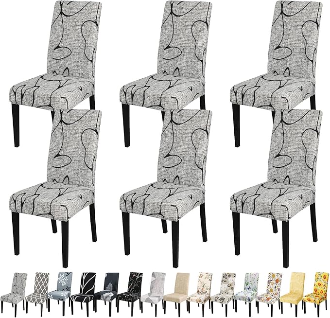 JQinHome Pattern Chair Covers for Dining Room Set of 6, High Stretch Removable Washable Parsons Chair Slipcover for Home Party Hotel Wedding Ceremony (6PCS, Lotus Gray)
