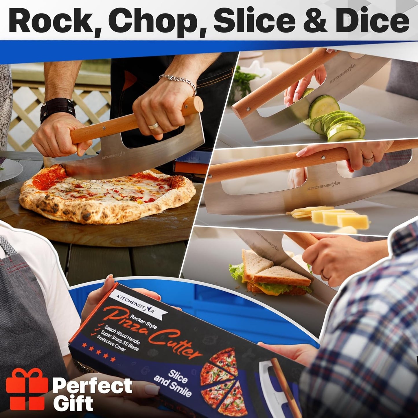 KitchenStar 14-Inch Pizza Cutter Rocker Blade - Razor Sharp Stainless Steel Slicer Knife, Stylish Beech Wood Handle, Protective Cover - Professional Pizza Oven Accessories, Silver