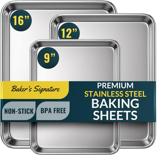 Baker’s Signature Stainless Steel Cookie Sheet Pan, Stainless Steel Baking Sheet Set of 3, Mirror Finish, Non-Stick, Rust Resistant, BPA Free, Dishwasher Safe, 9/12/16 Inch