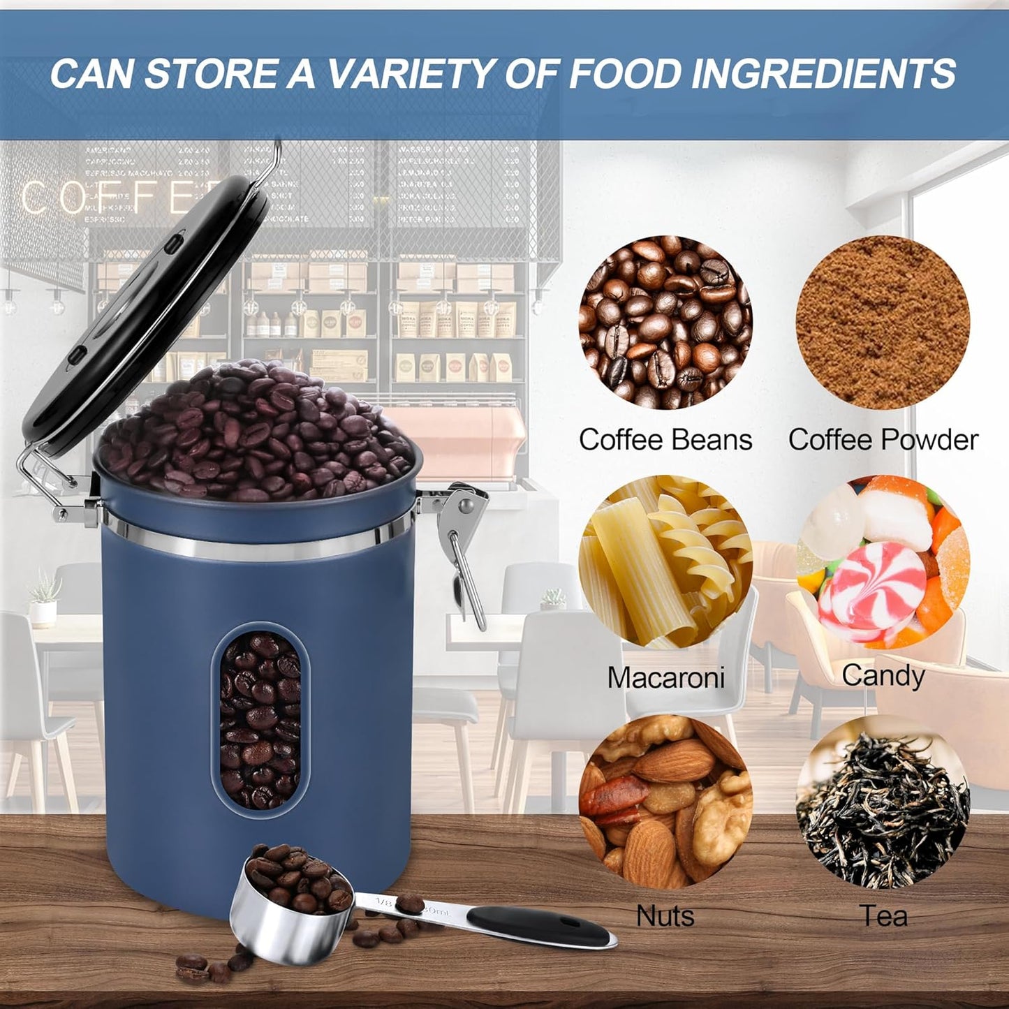 1800ML Airtight Coffee Canister with Date Tracker&Transparent Window, 22.8OZ Coffe Beans Storage with 30ML Measure Spoon&4 co2 Valve, Coffee Container for Grounds Coffee, Beans, Tea, Sugar&Flour(Blue)