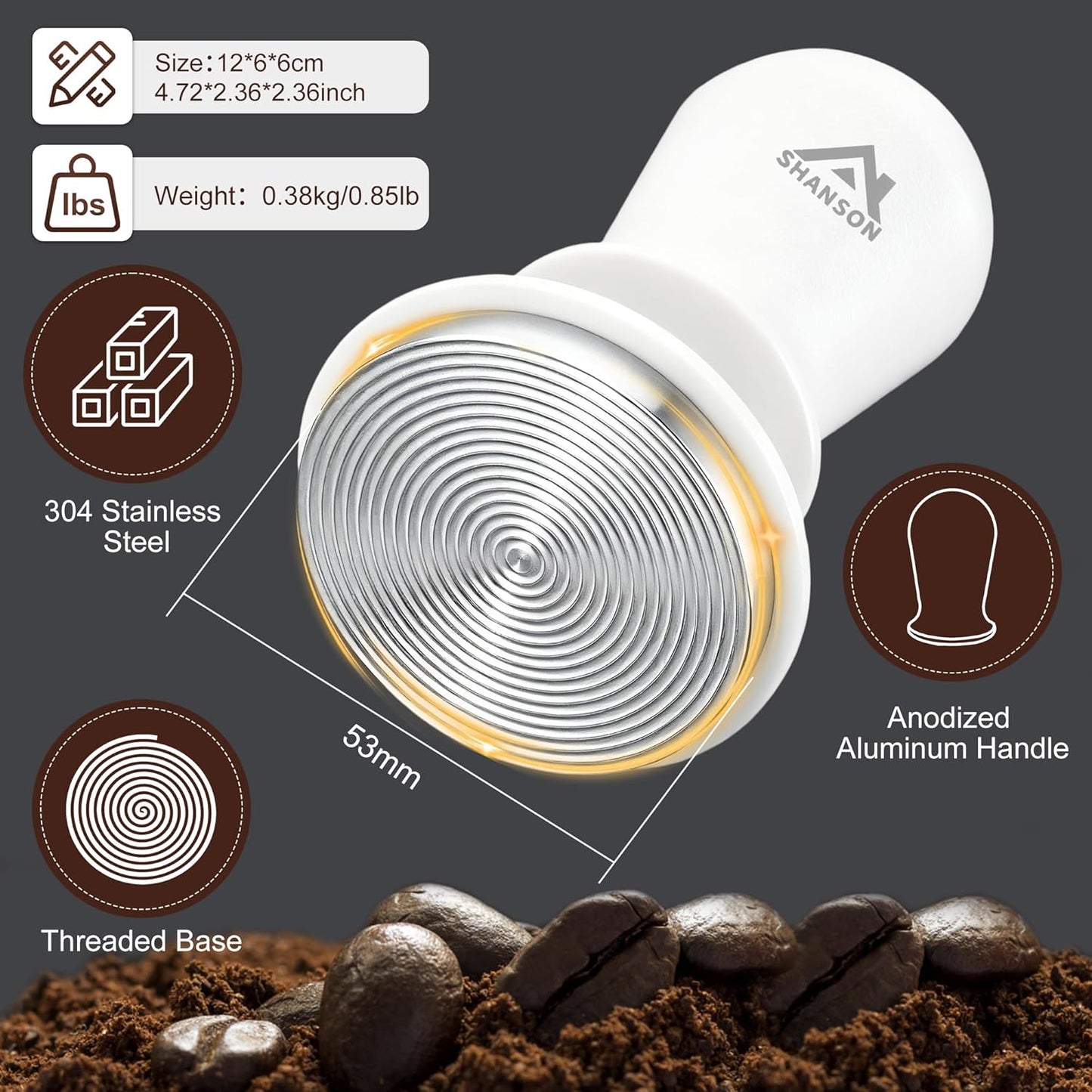 ShanSon 53mm Espresso Tamper,Coffee Accessories,Triple Spring 30lb Constant Pressure, Audible Click Sound Feedback, Stainless Steel Ripple Base,Anodized Aluminum Handle,Tamper Tool Espresso