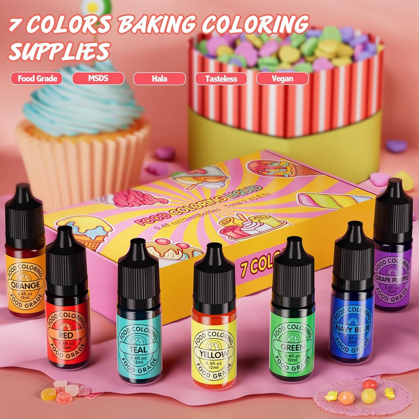 Cherrysea Food Coloring for Cake Decorating Rainbow Edible Food Dye for Baking Royal Icing Cookie Supplies Gluten Free 7x12ml Food Grade Liquid Food Color Kit, 0.4 Fl. Oz/Bottles