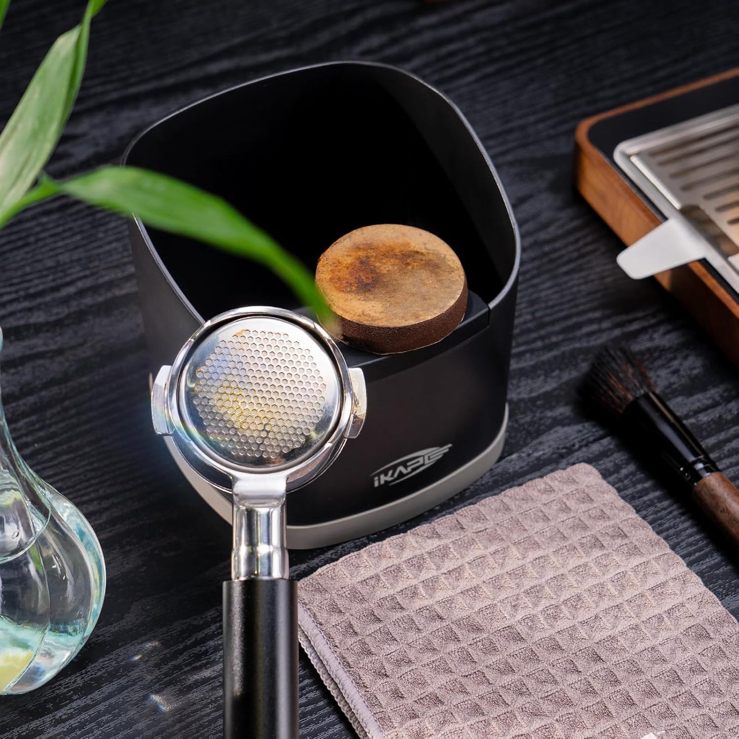 IKAPE Espresso Kit 3 IN 1, Espresso Knock Box, Cleaning Towel & Brush for Barista-Grade Maintenance - Black Espresso Machine Coffee Puck Disposal Box