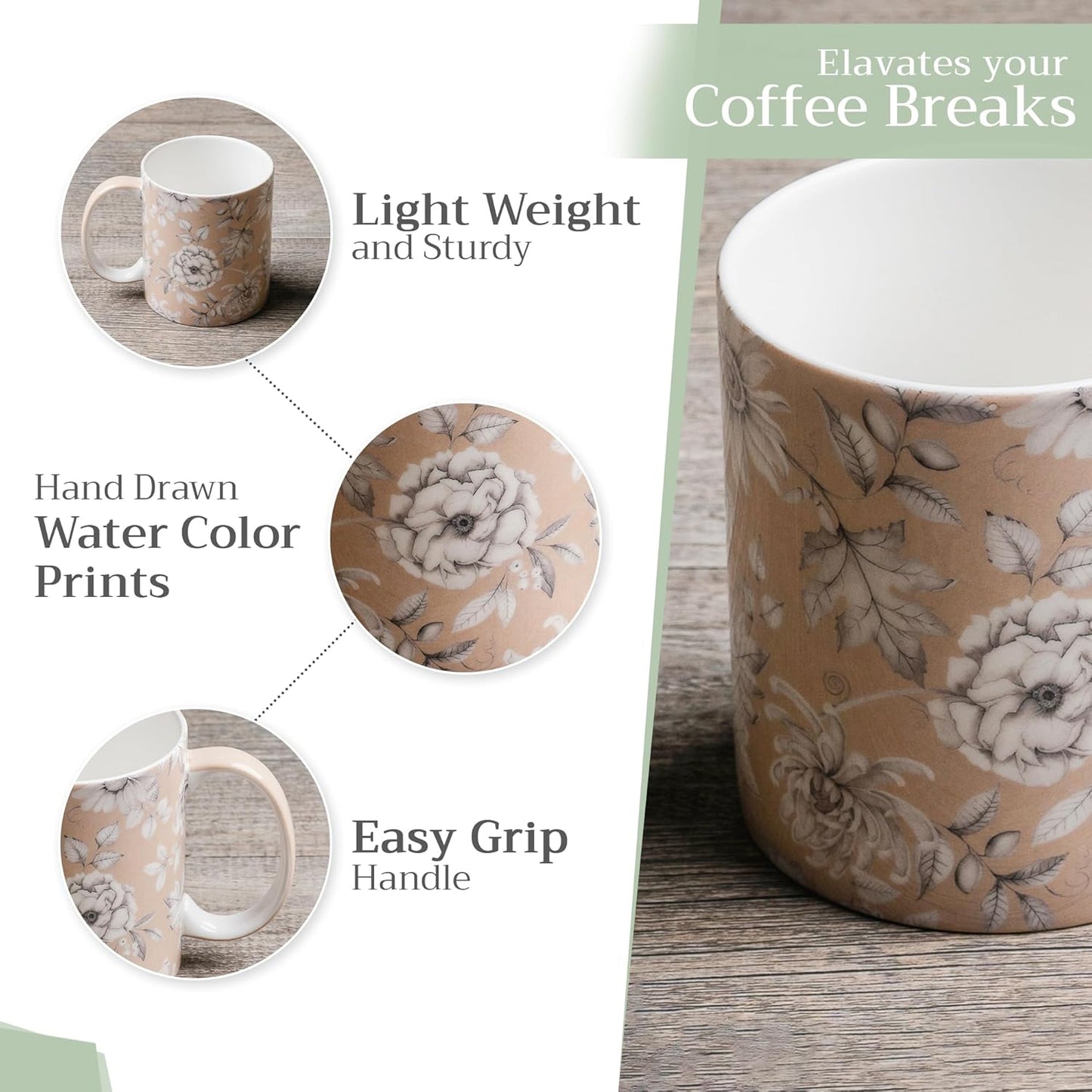 Maison d' Hermine Coffee Mug with Handles Fine Bone China Mugs Pack of Two Tea Cups for Hot Beverages Cappuccino Latte Home Restaurant Office Perfect for Gift (Pretty Autumn, 12 Ounce)