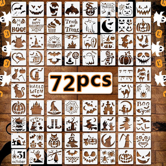 72 PCS 3x3 Inch Halloween Stencils for Painting - Pumpkin, Ghost, Bat, Spider Web Witch Skull Reusable Halloween Painting Templates on Wood, Glass, Fabric, Window Door Decor DIY Decoration