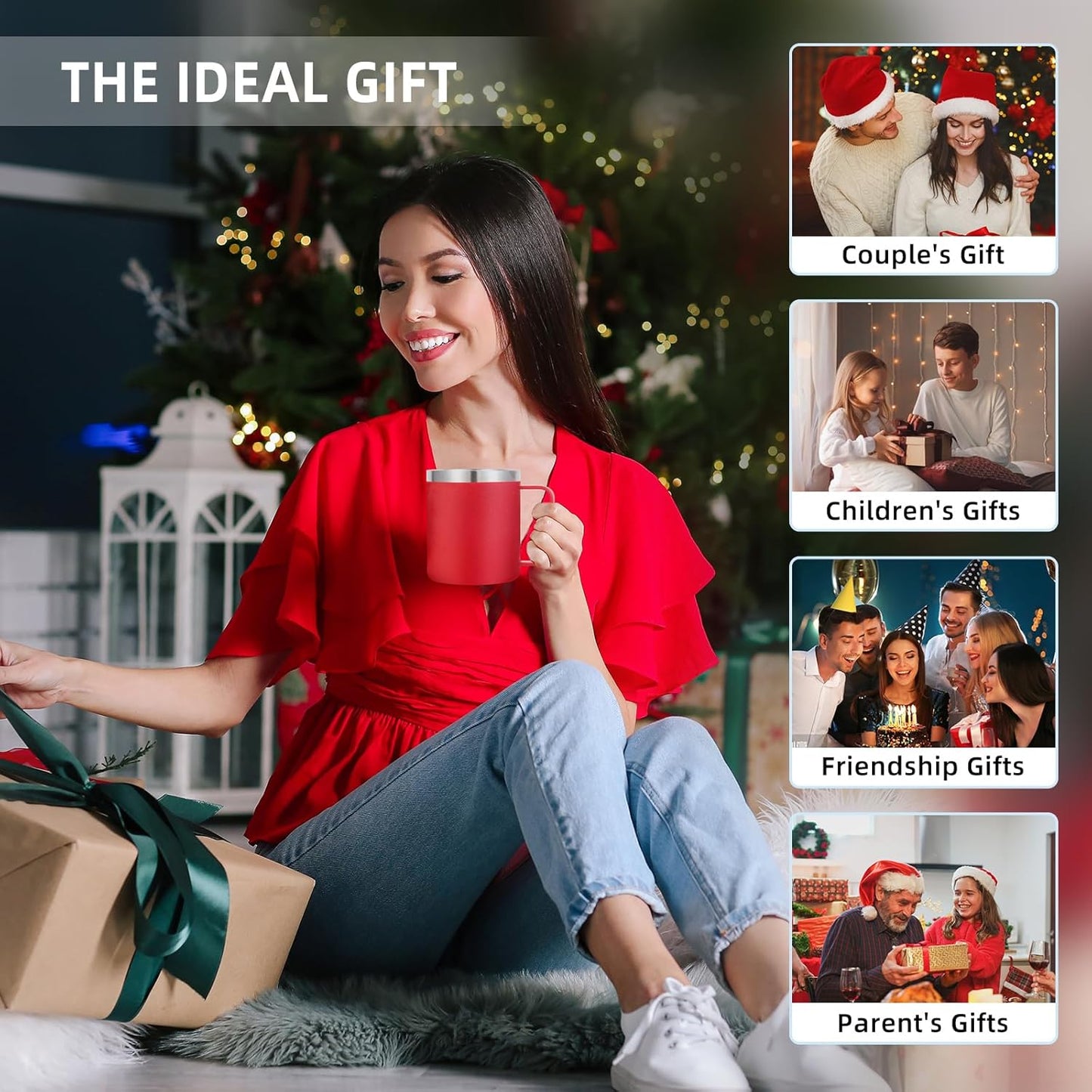 Volhoply 14oz Insulated Stainless Steel Coffee Mug with Lid Bulk 2 Pack,Double Wall Vacuum Travel Coffee Cup with Handle,Reusable Cups Tumbler,Camping Mugs Keep Hot/Cold,Ideal Gifts(Red,2)