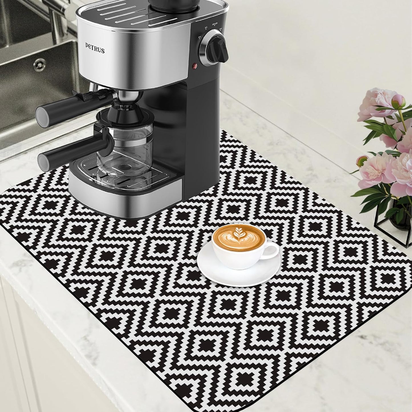 Dish Drying Mat Black and White Geometric Coffee Bar Mat for Countertop Absorbent Rubber Backed Hide Stain Dish Drainer Rack Pad Coffee Pot Espresso Machine Dining Room Decor 15.7 x 23.6 Inch