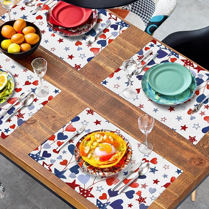Red Blue Heart Stars 4th of July Placemats Set of 4 Patriotic America Independence Memorial Day Linen Table Mats 12x18 Inch Washable Place Mats for Party Kitchen Dining Outdoor Indoor Decor