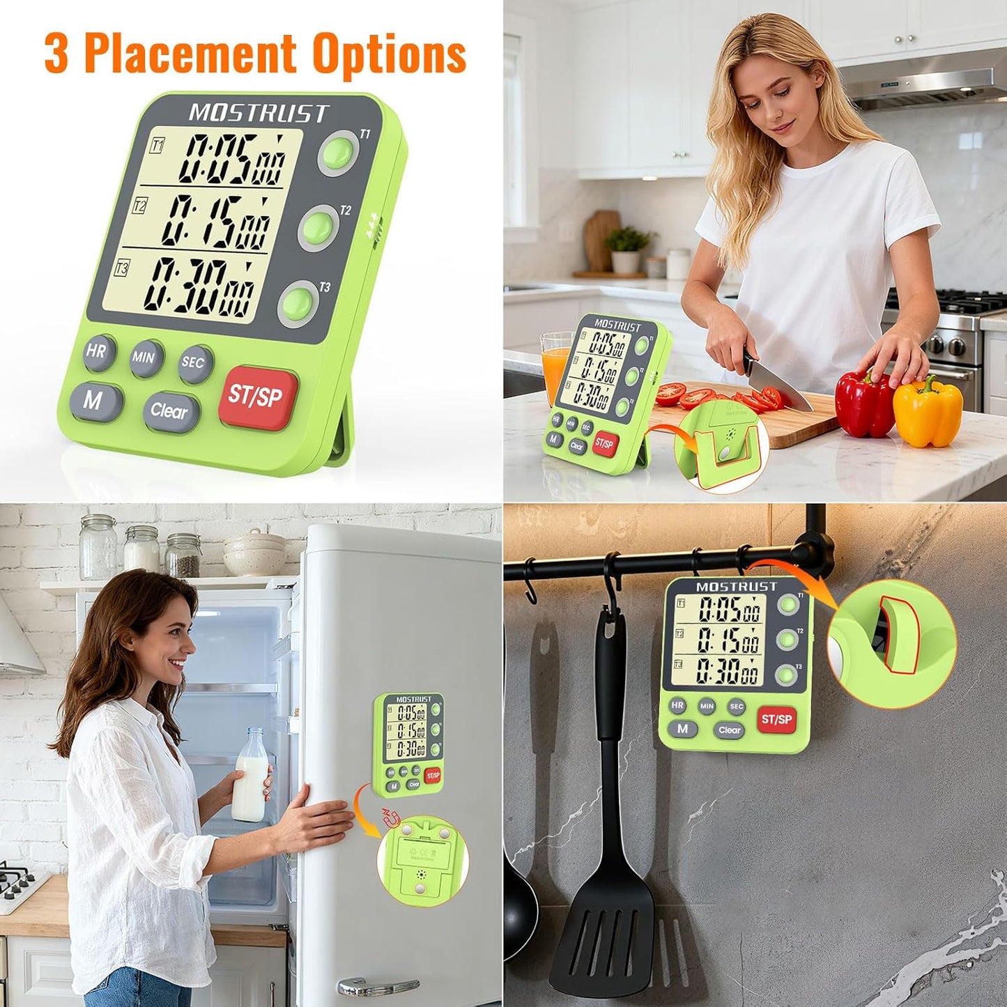 Digital Dual Kitchen Timer, 3 Channels Countdown Triple Timer for Cooking, Magnetic Memory-Preset Large-Display Adjustable Alarm Volume, Multi Times Management, 3A Battery Included, Green