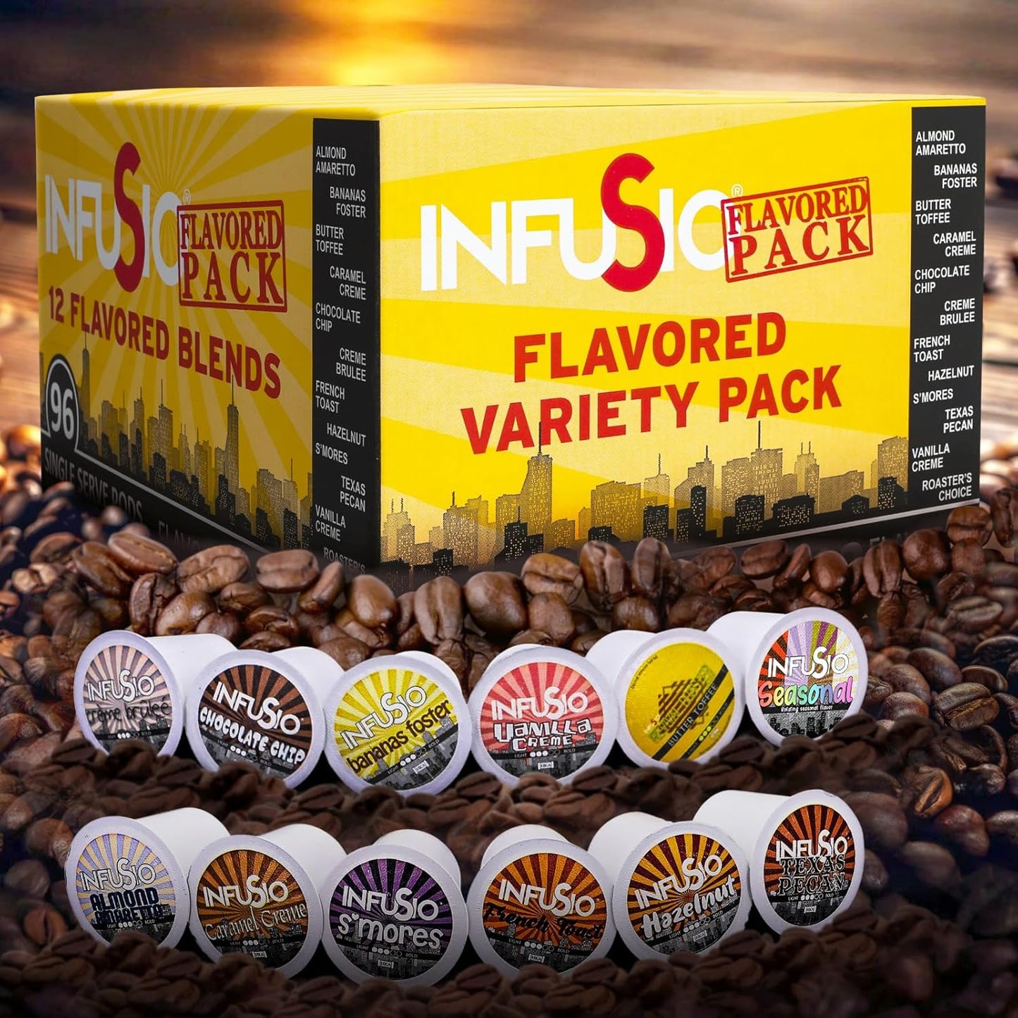 InfuSio Flavored Coffee Pods Variety Pack – 96 Count, 12 Gourmet Medium Roast Dessert-Inspired Blends like Bananas Foster & Crème Brûlée, Compatible with Keurig K-Cup 2.0 Brewers