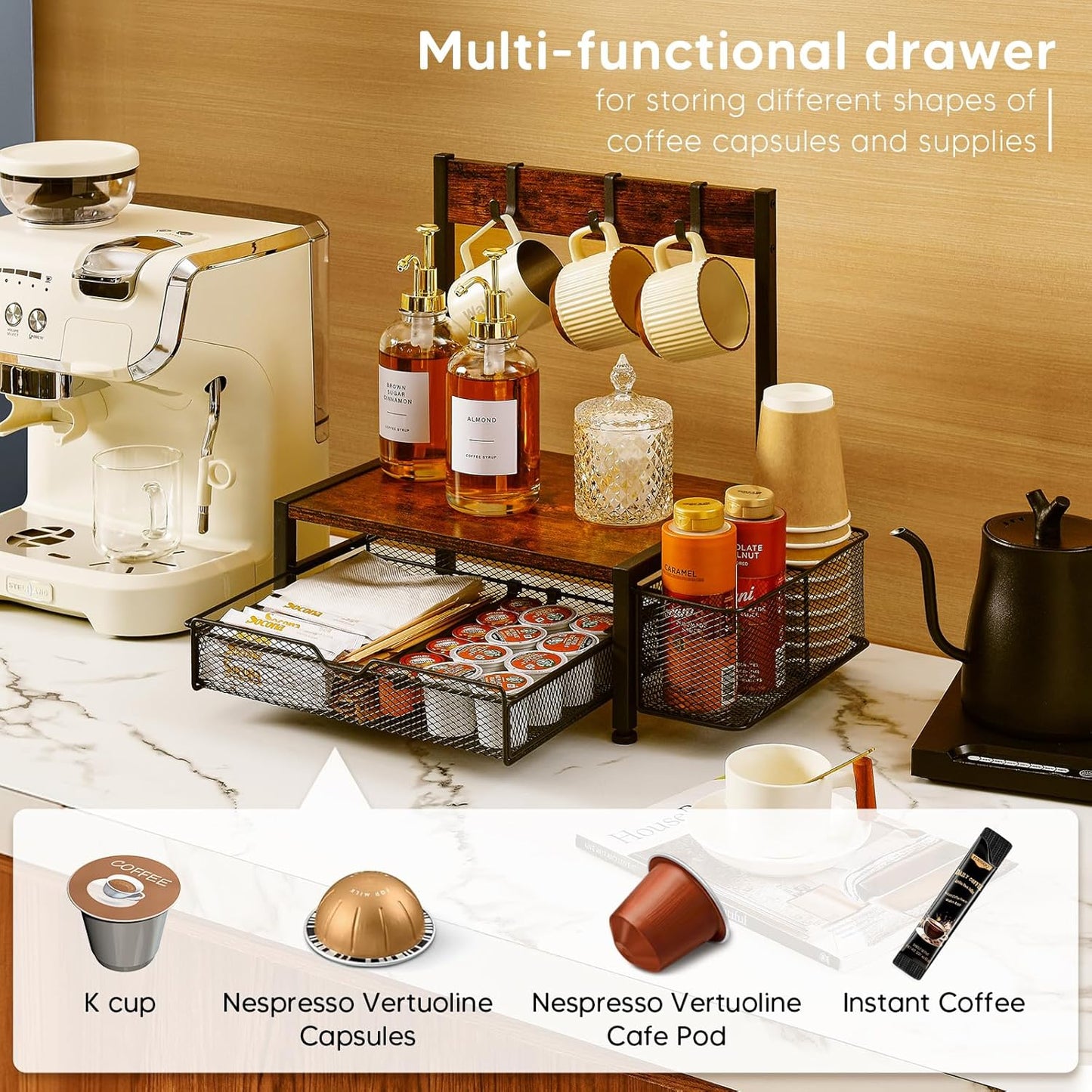 Coffee Bar Organizer with K Cup Holder,Coffee Pod Drawer Holder for 24 Pod Capacity, Storage Drawer with Dispoable Cups & Lids Holder, Coffee Bar Station Organier for Countertop, Kitchen