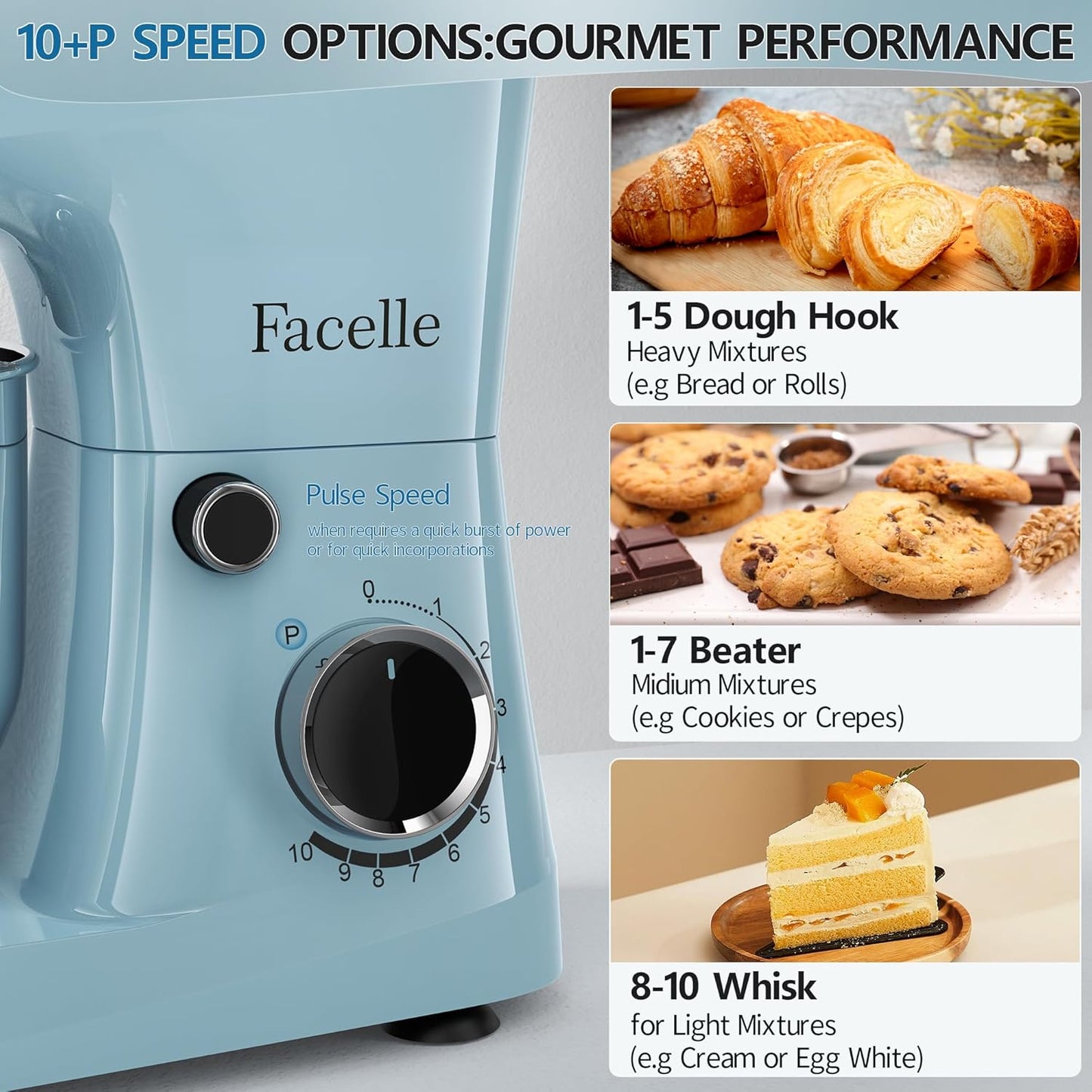 Facelle Stand Mixer, 10-Speed 6QT Kitchen Electric Mixer, Tilt-Head Food Mixer with Beater, Dough Hook, Wire Whip and Egg Separator, scraper for Most Home Cooks - Blue