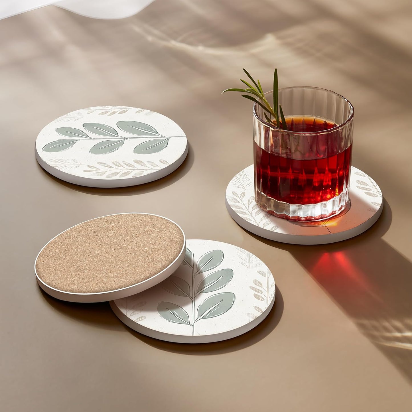 VEYRO Coasters Set of 6 for Drinks – Absorbent Ceramic Stone Drink Coasters with Cork Backing for Coffee Table & Desk, Modern Boho Look Cup Coaster Set, Housewarming Gift for New Home