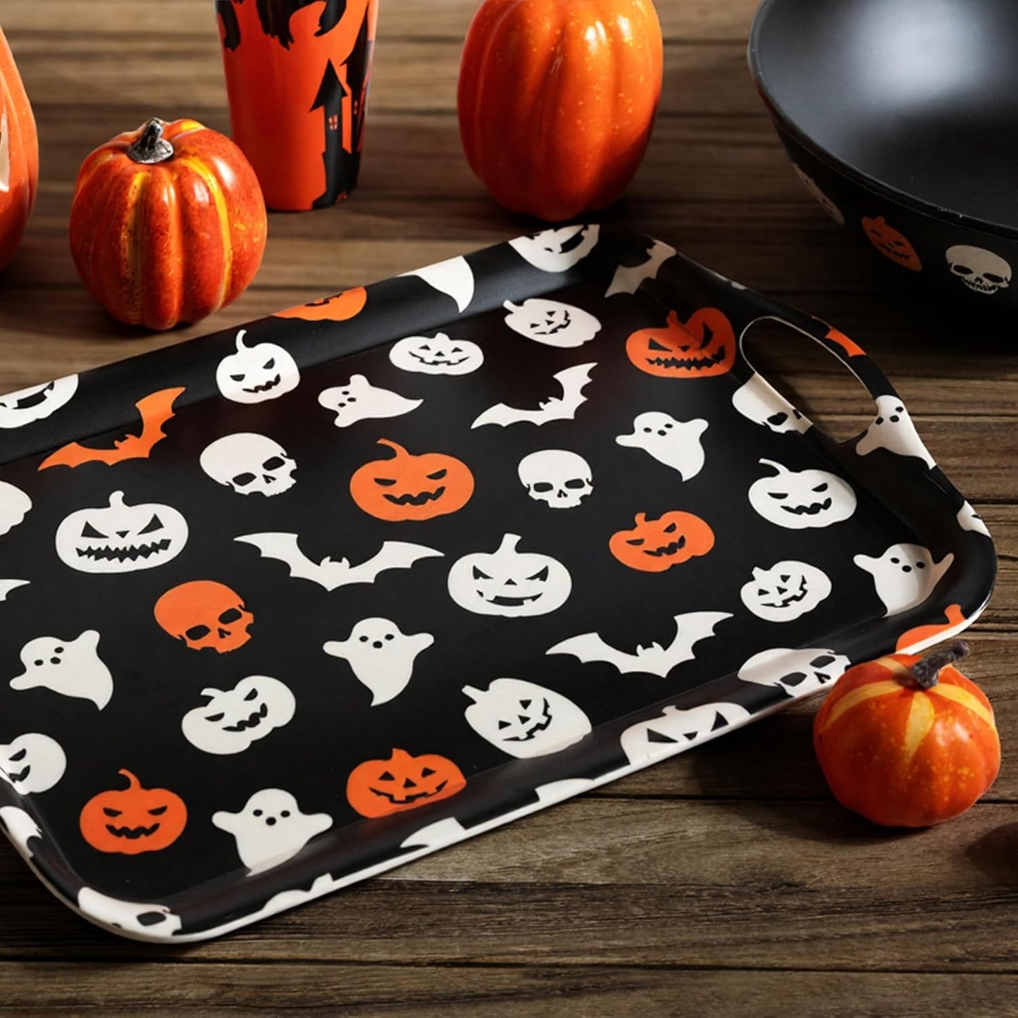 Oasis Choice 2-Pack Halloween Bamboo Fiber Serving Trays - 18x13 Inch Large Platters w/Handles for Horror Party, Birthday,BBQ, Buffet - Pumpkin, Bat & Skeleton Decor (Spooky Black, 18inch)