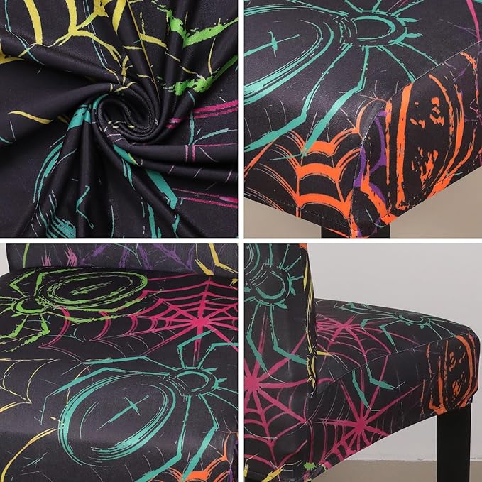JQinHome Spider Halloween Chair Slipcover,Web Black Chair Covers Set of 6, High Stretch Washable Chair Protector Cover for Dining Room, Kitchen,Home Party,Wedding Ceremony(Spider,6PC)