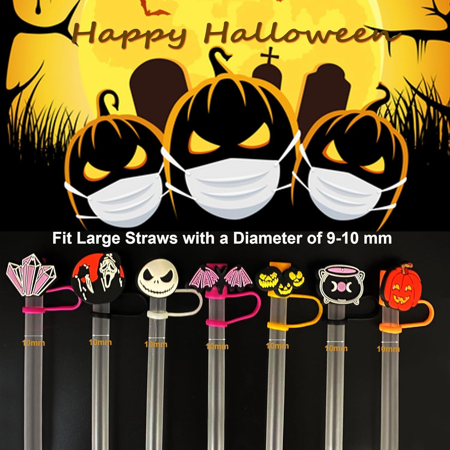 16PCS Halloween Straw Toppers for Stanley Cup, Cute Silicone Skull Ghost Straw Covers Cap Compatible with 30&40oz Tumbler with Handle,10mm 0.4in Dust-Proof Reusable Tips Lids for Halloween Gifts