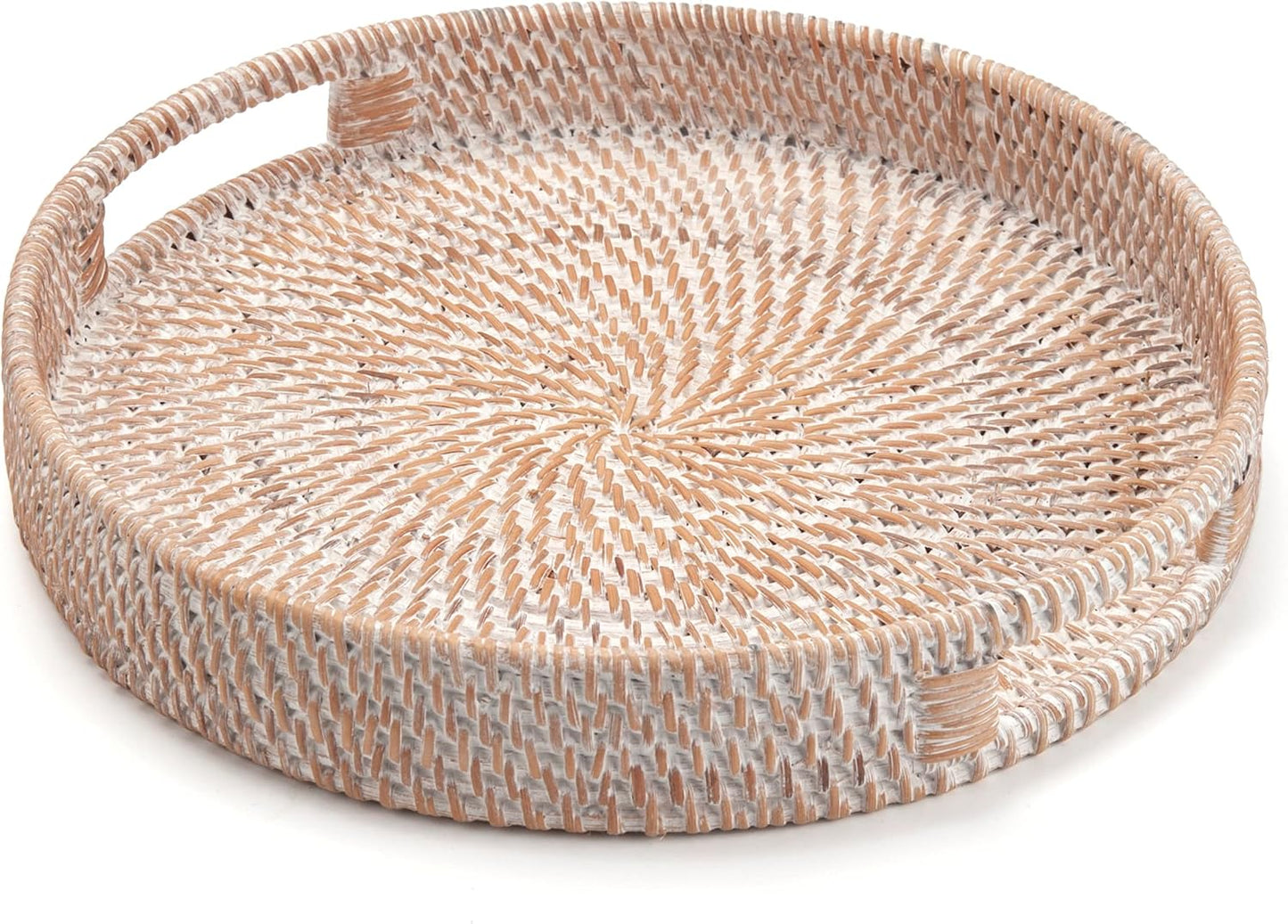 Round Rattan Serving Tray Decorative Woven Ottoman Trays with Handles for Coffee Table White (Small 11.8 inch x 2.4 inch)