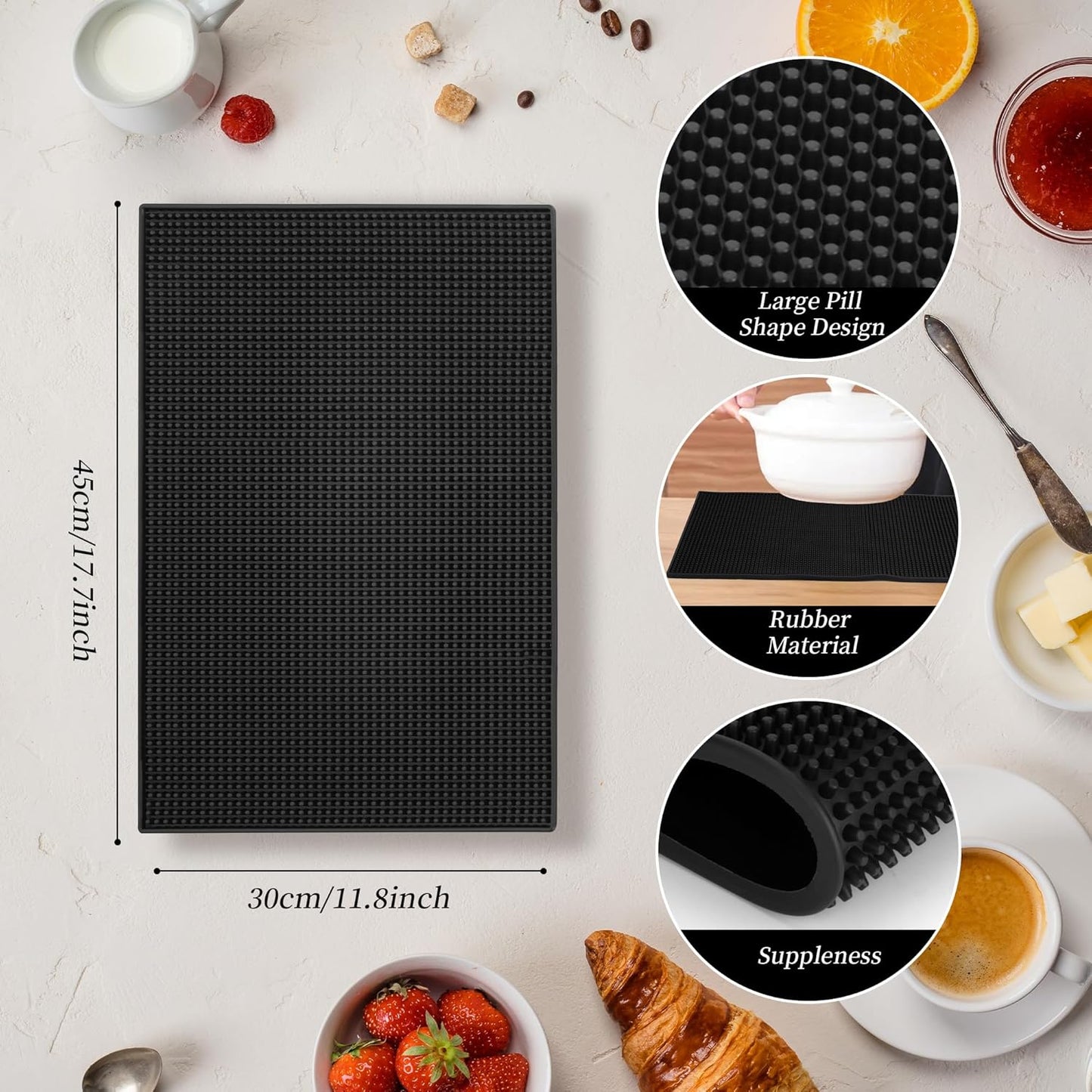 6 Pcs Rubber Bar Mat for Countertop 18 x 12 Inch Coffee Bar Mats Non Slip Silicone Bars Mats for Bartending,Drying Spill Mats for Restaurants,Black