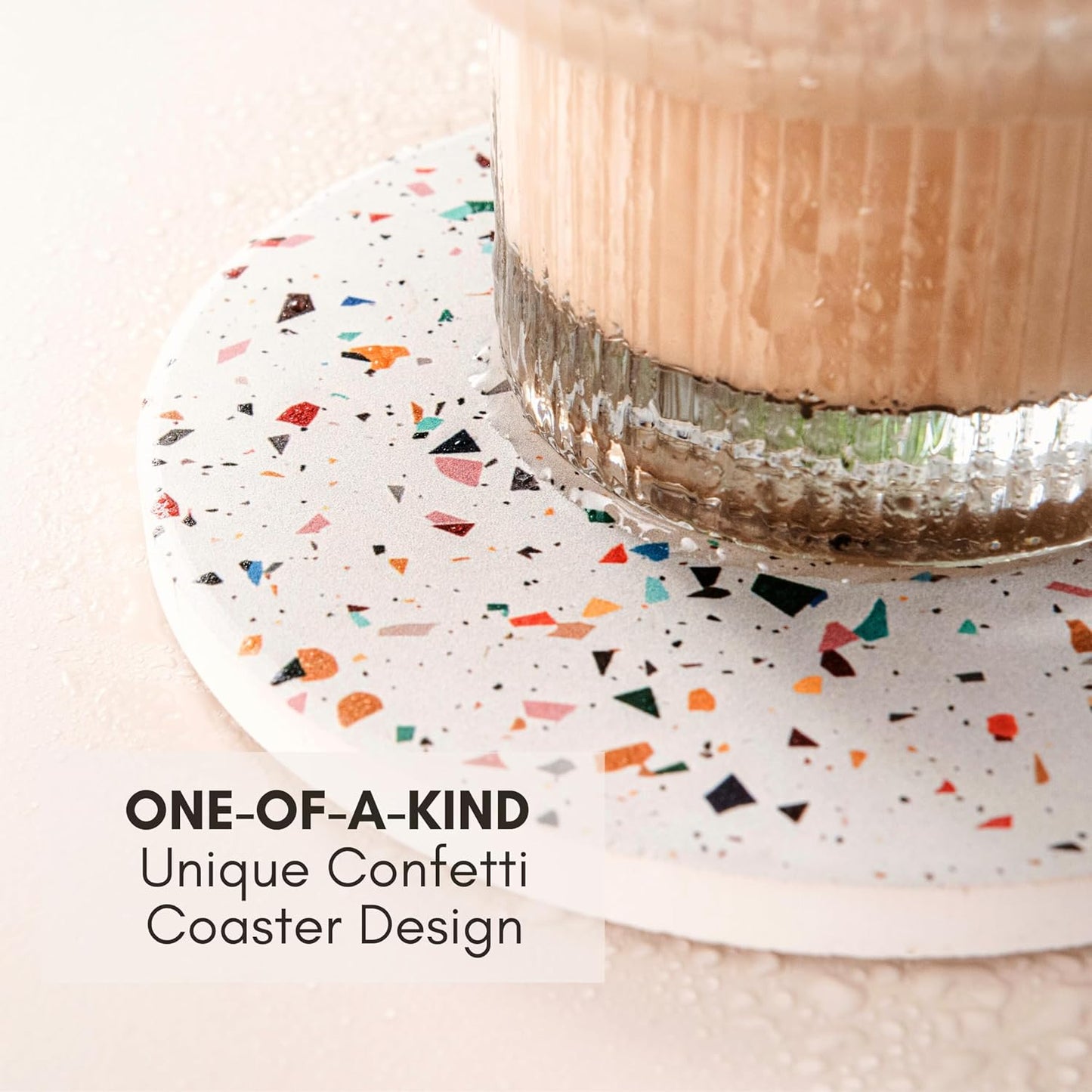 Absorbent Coaster Set of 6 with Holder, Drink Coasters for Coffee Table, Kitchen, Home Decor, Cute Ceramic Round Coasters, Alternative to Silicone, Cork or Glass Coaster (Confetti with Black Holder)