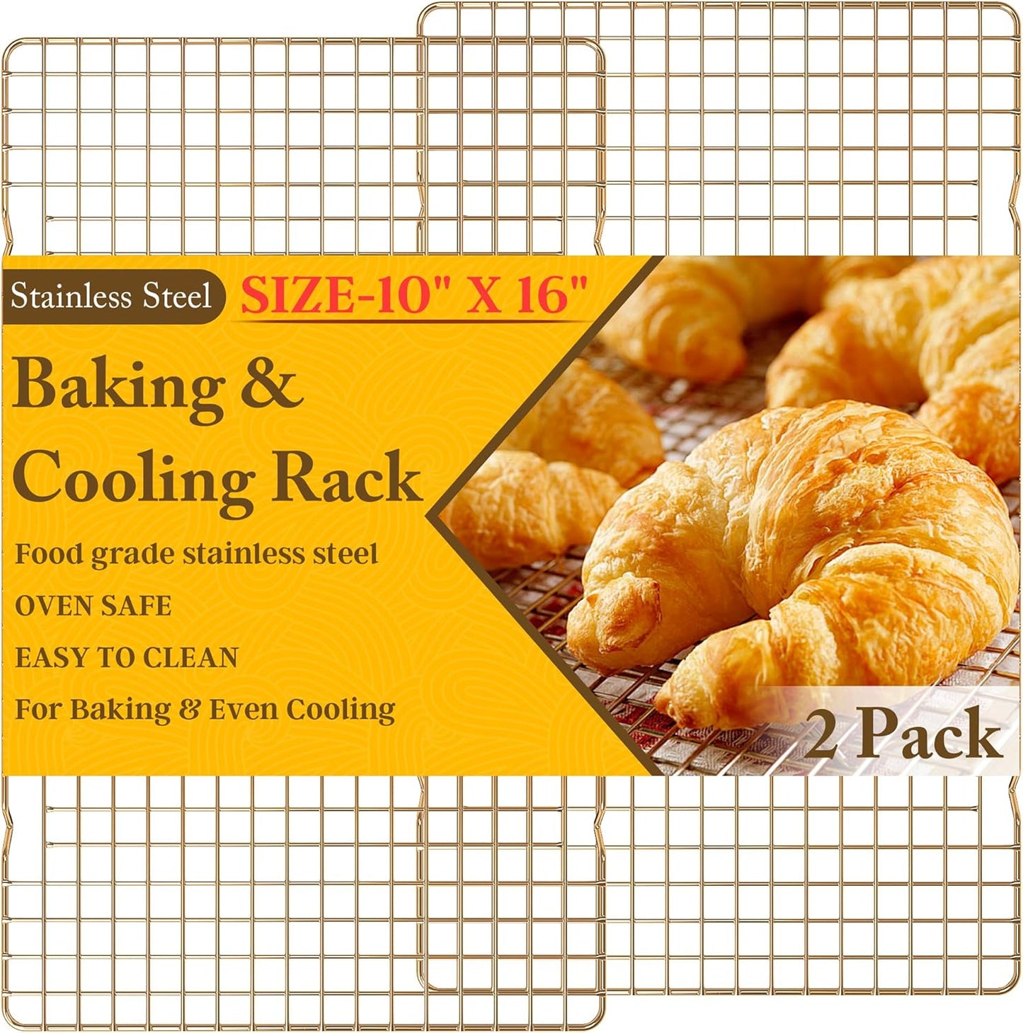 2PCS Cooling Racks for Cooking and Baking - 10" x 16"Heavy Duty Stainless Steel Wire Rack for Baking, Grilling, Roasting - Oven & Dishwasher Safe - Fits Half Sheet Pan（Gold）