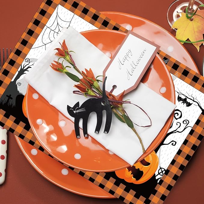Honoson 100 Pieces Halloween Placemats Happy Halloween Fall Pumpkin Placemats Paper Halloween Place Mats Spooky Ghost Buffalo Plaid Kitchen Mat Double Sided Dinner Table Mats, 14 x 10 Inch