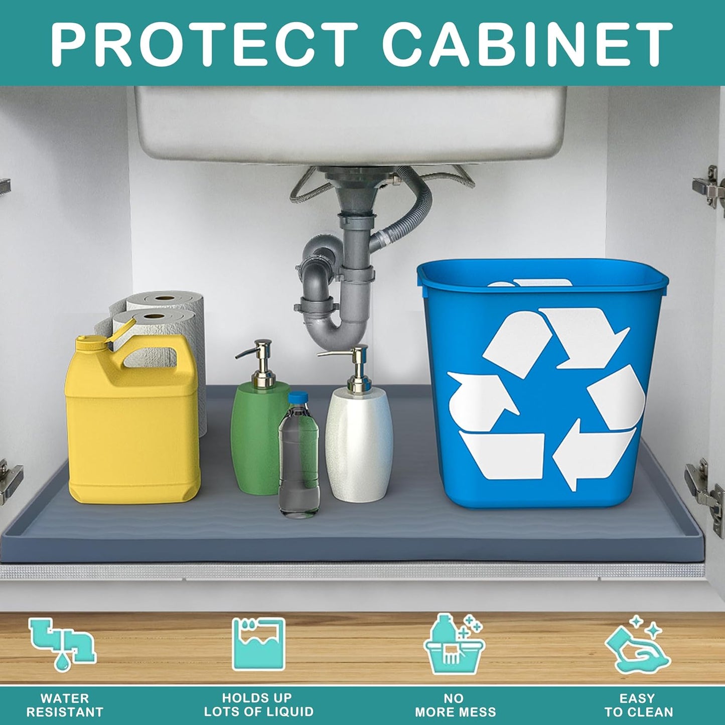 URMONA Waterproof Silicone Under Sink Mat 28'' x 19'' Shelf Liner for Kitchen and Bathroom, Cabinet and Counter Protector, Storage and Organizers, Litter Mat, Pet Cat Puppy Essentials(Beige)