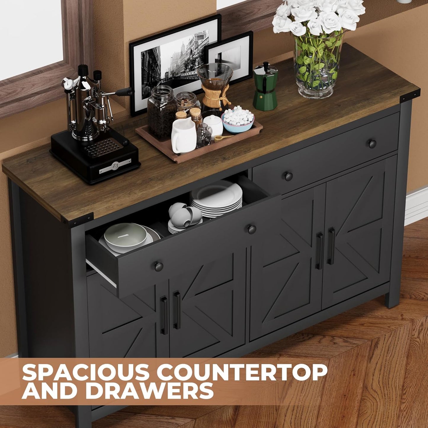 55" Sideboard Buffet Cabinet with Storage, Coffee Bar Cabinet with 2 Drawers and 4 Barn Doors, Long Storage Cabinet Modern Farmhouse, Black Wood, for Kitchen, Dining Room, Living Room
