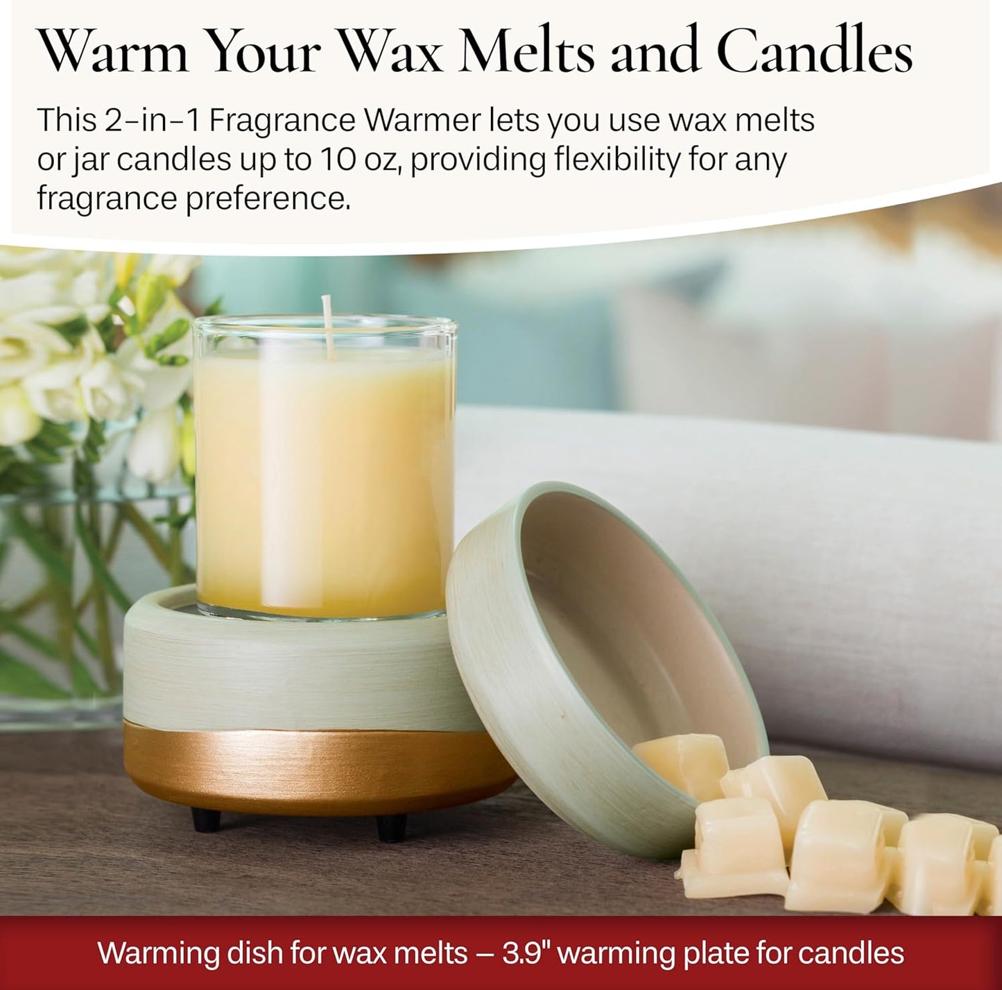 CANDLE WARMERS ETC 2-in-1 Candle and Fragrance Warmer for Warming Scented Candles or Wax Melts and Tarts with to Freshen Room, Midas