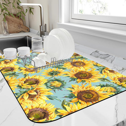 Dish Drying Mat Watercolor Rustic Sunflower Dish Drying Pad,12"X19" Bsorbent Coffee Mat for Sink Dishes or Under Rack Kitchen Counter Accessories Absorbent Hide Stain Rubber Backed Drying Mat