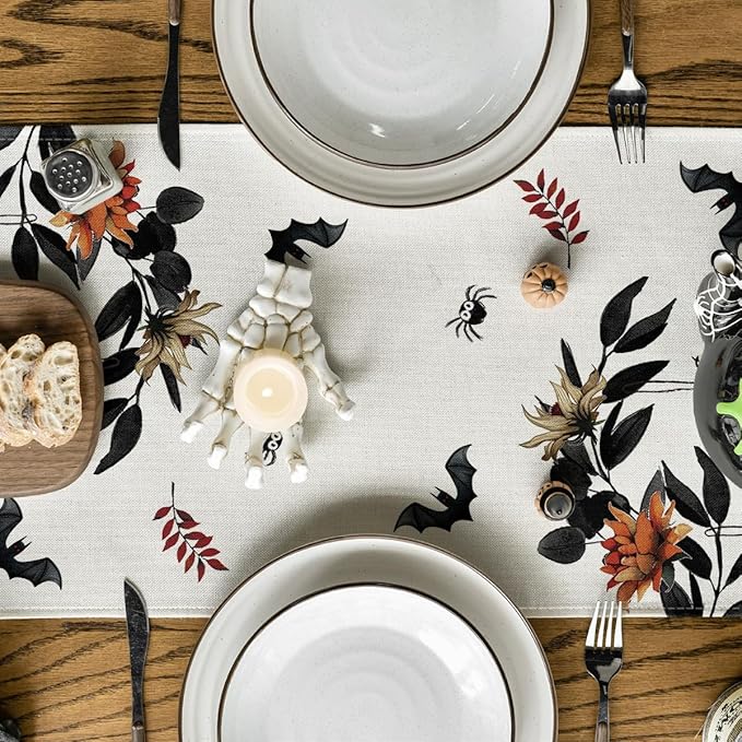 Artoid Mode Pumpkin Ghost Leaves Spider Web 210 GSM Halloween Table Runner, Spooky Kitchen Dining Table Decoration for Home Party Decor 13x108 Inch