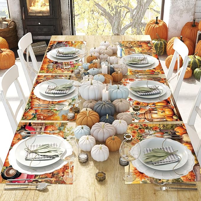 Fall Placemats Set of 6 Thanksgiving Pumpkin Plastic Table Mats Farmhouse Rustic Place Mats Sunflower Dinner Mat Autumn Seasonal Holiday Party Decoration for Indoor Outdoor Party Kitchen Dining
