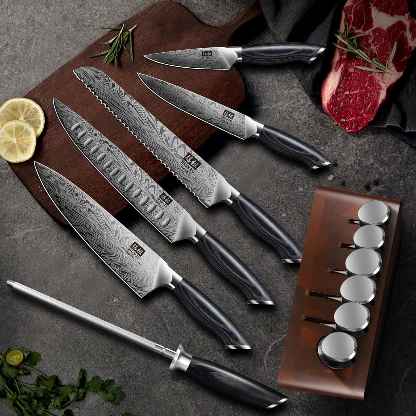 SHAN ZU Kitchen Knife Set with Double Sided Magnetic Knife Block, 7PCS Knives Block Sets in Powder Steel Ultra Sharp Japanese Knife Sets with Sharpening Steel Chef Knives Set with Pakkawood Handle