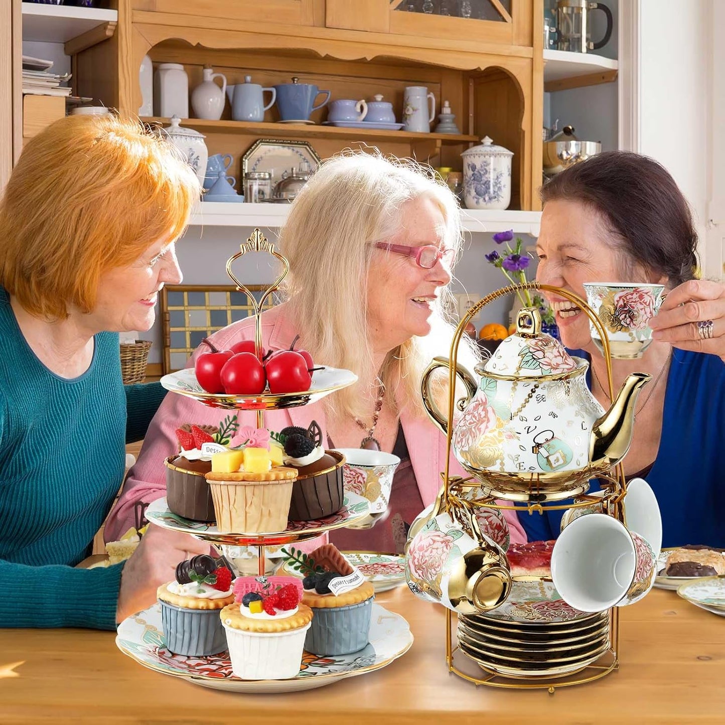 Maxcheck 21 Pcs Tea Party Set for Adults European Floral Tea Set with Metal Holder and 3 Tier Ceramic Cake Stand Porcelain Flower Cup Teapot for Dessert Cupcake(Elegant Style)