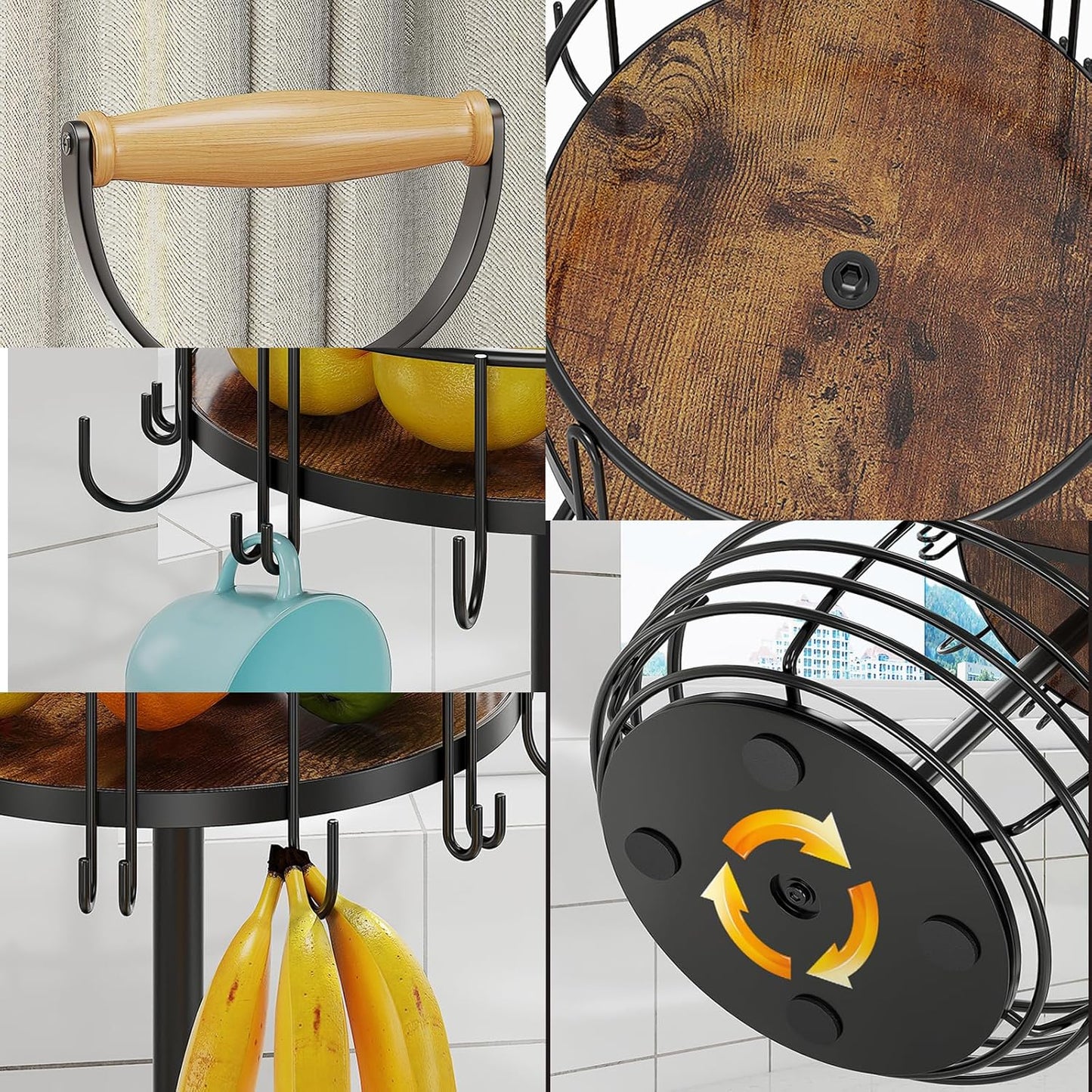 Coffee Mug Holder, 2 Tier Coffee Cup Holder with Hooks, Rotatable Mug Rack Organizer with Cup Pods & Saucer Basket for Bar Kitchen Counter