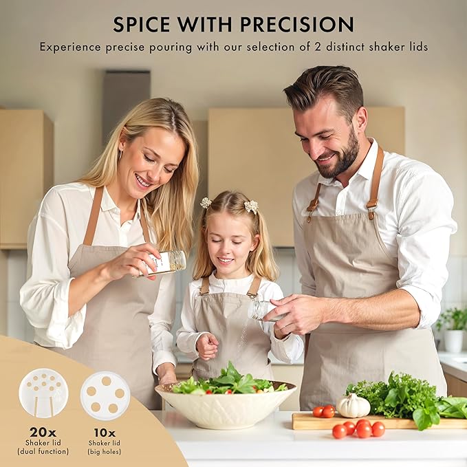 Glass Spice Jars with Label and Stainless Steel Lids (24 x 4oz) Spice Containers with 240 Labels, Shaker Inserts, Steel Funnel, Empty Square Empty Square Seasoning Organizer (White)