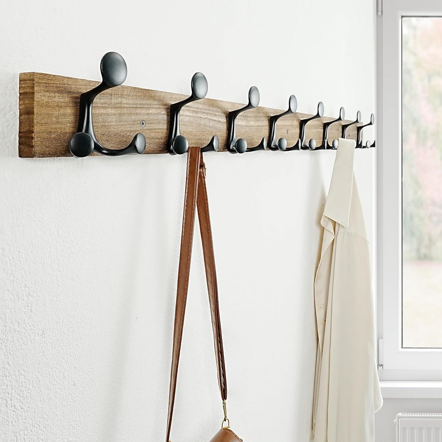 SKOLOO 43-Inch Wood Burnt Coat Rack Wall Mount with 8 Triple Hooks - Ideal for Family Entrances, Classrooms, and Pet Supplies Storage - Perfect Coat Hooks for Wall