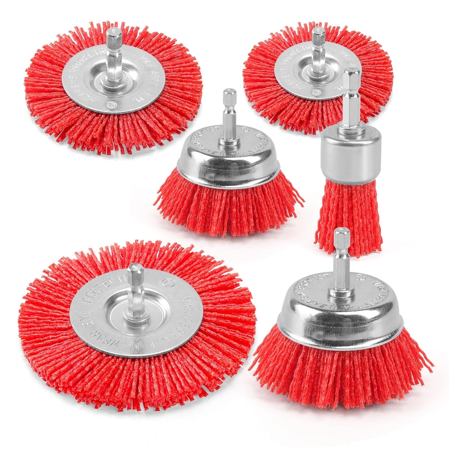 POLIWELL Nylon Abrasive Brush for Drill, 6 Pack Nylon Filament Wire Wheel & Cup Brush Set, 1/4 Inch Hex Shank, 3” and 2.6” Red Coarse Abrasive Bristle Drill Brushes for Paint, Corrosion, Rust Removal