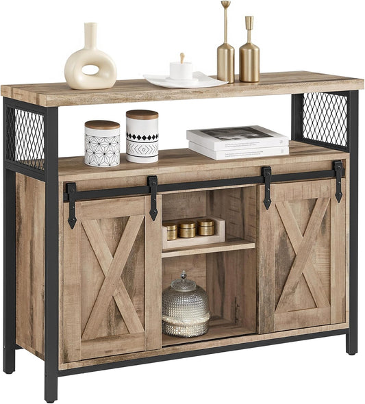 VASAGLE Buffet Cabinet, Coffee Bar Storage Cabinet, Sideboard with 2 Sliding Barn Doors, Adjustable Shelves, 13 x 39.4 x 31.5 Inches, for Living Room, Camel Brown and Ink Black ULSC092B50